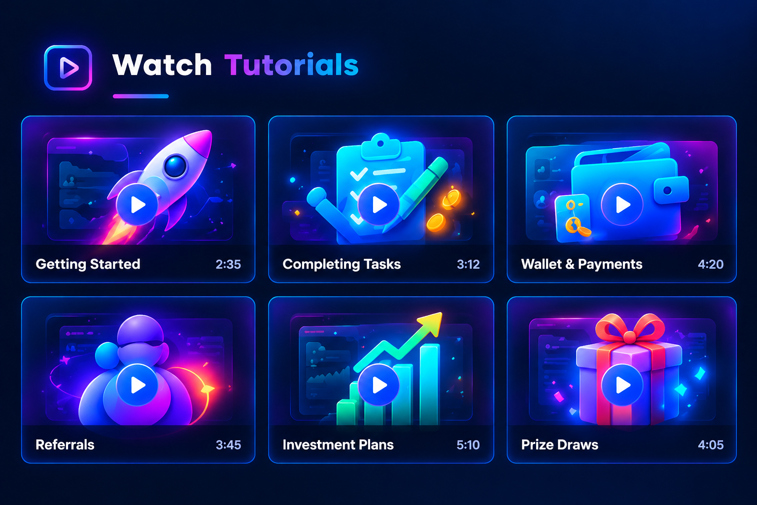 Watch Tutorials: Getting Started, Completing Tasks, Wallet & Payments, Referrals, Investment Plans and Prize Draws